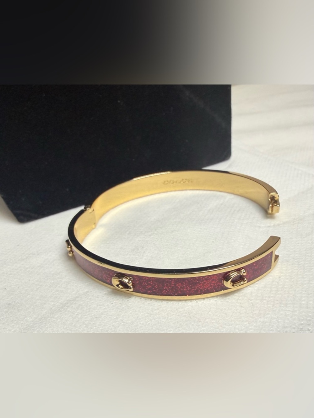 LOWSTART Coach Gold-Tone Red Glitter C Accent Bangle Bracelet w/Dustbag - Picture 7 of 16